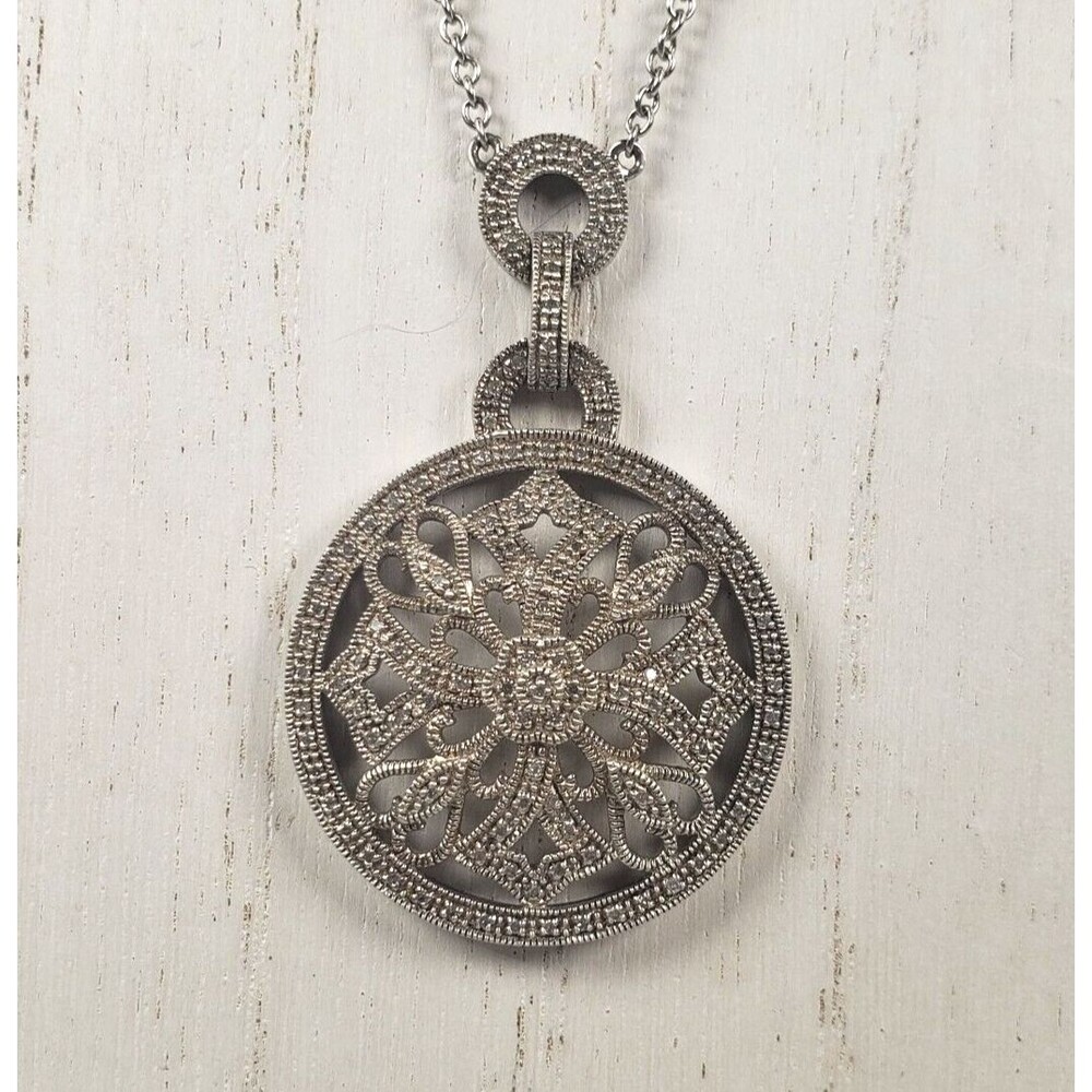 Vintage 925 Sterling Silver w Diamond Circle Cross Hearts Pendant Chain Necklace - Picture 10 of 16